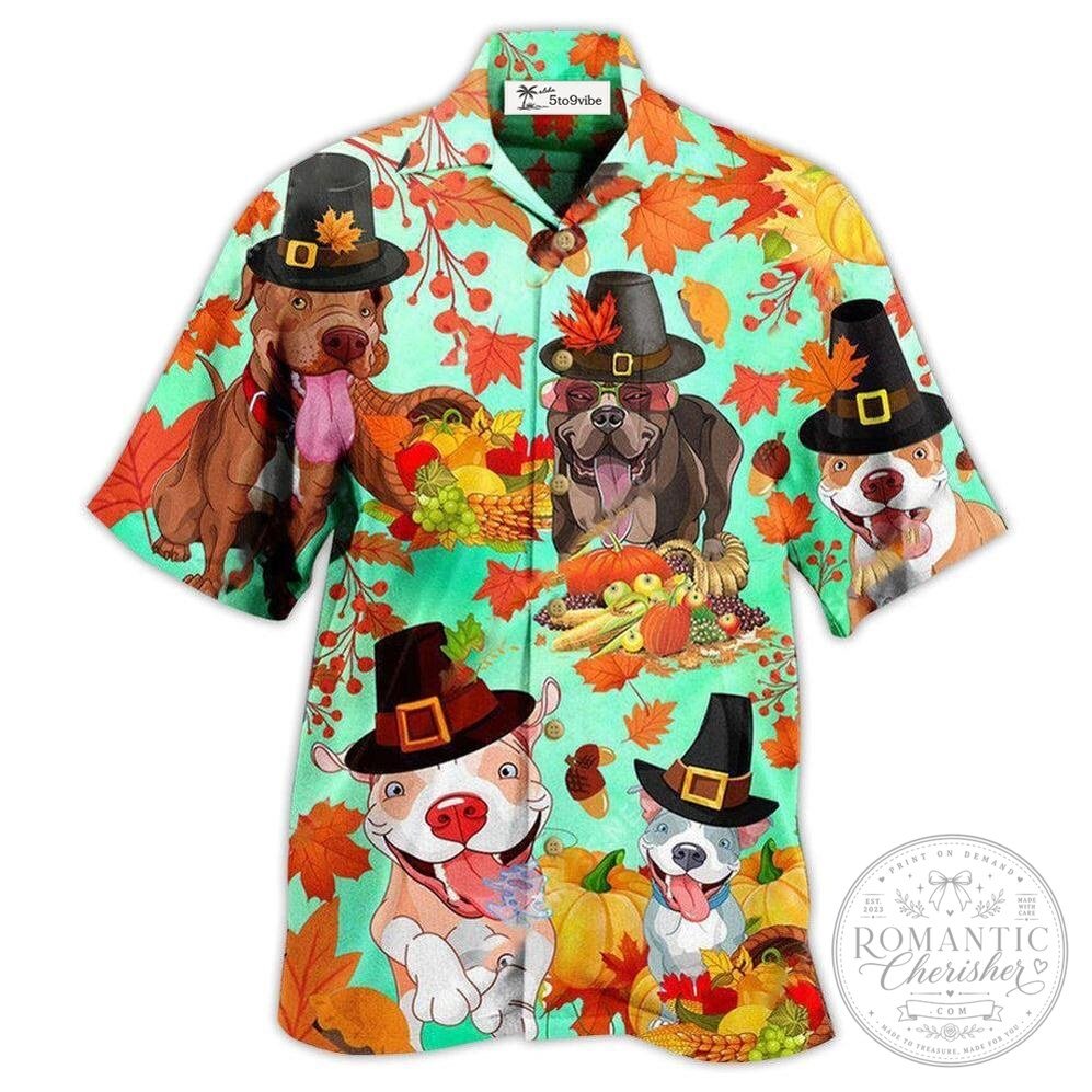 Hawaiian Shirt with Pitbull Dog Design for a Happy Thanksgiving and Autumn Leaves