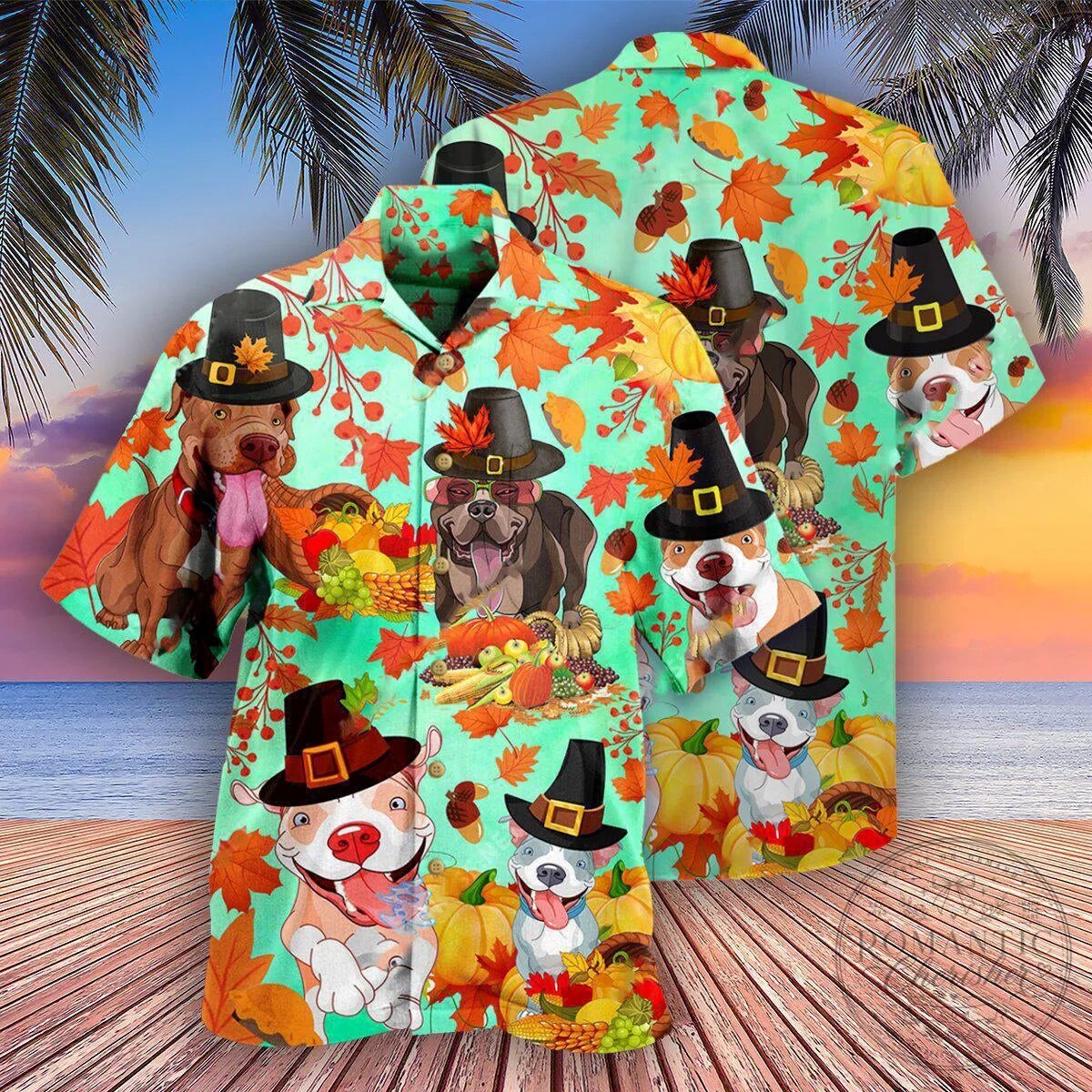 Hawaiian Shirt with Pitbull Dog Design for a Happy Thanksgiving and Autumn Leaves 5 Hawaiian Shirt with Pitbull Dog Design for a Happy Thanksgiving and Autumn Leaves