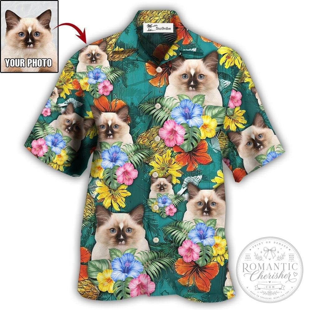 Custom Photo Ragdoll Cat Tropical Floral Hawaiian Shirt