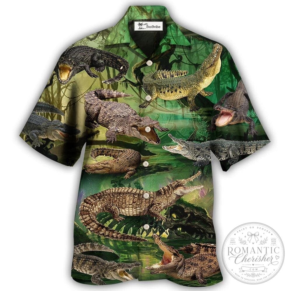 Alligator Crocodile Swamp Jungle Green Pattern Hawaiian Shirt