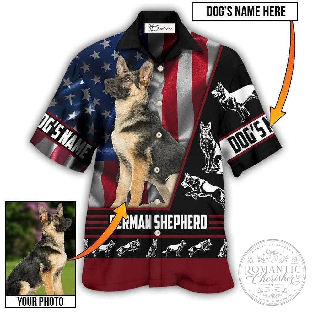 German Shepherd Dog Personalized Photo American Flag Hawaiian Shirt