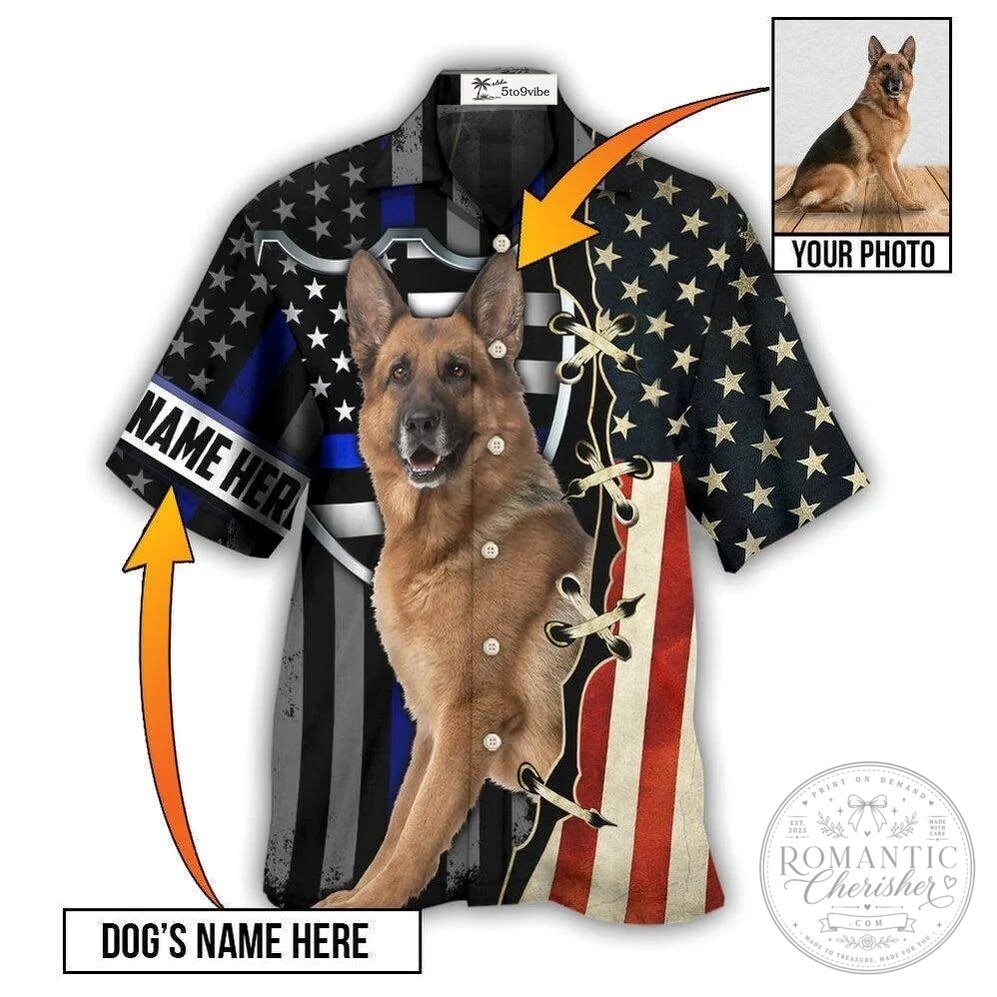 Personalized German Shepherd Dog Blue Line American Flag Hawaiian Shirt