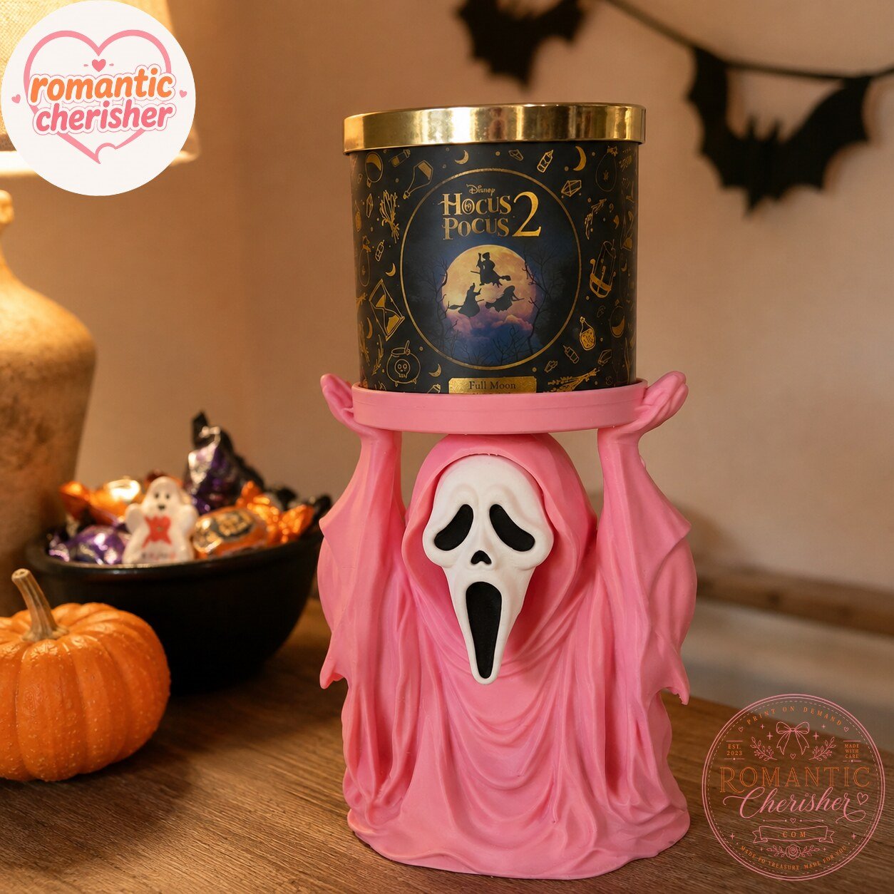 Pink Ghostface Halloween Candle Holder
