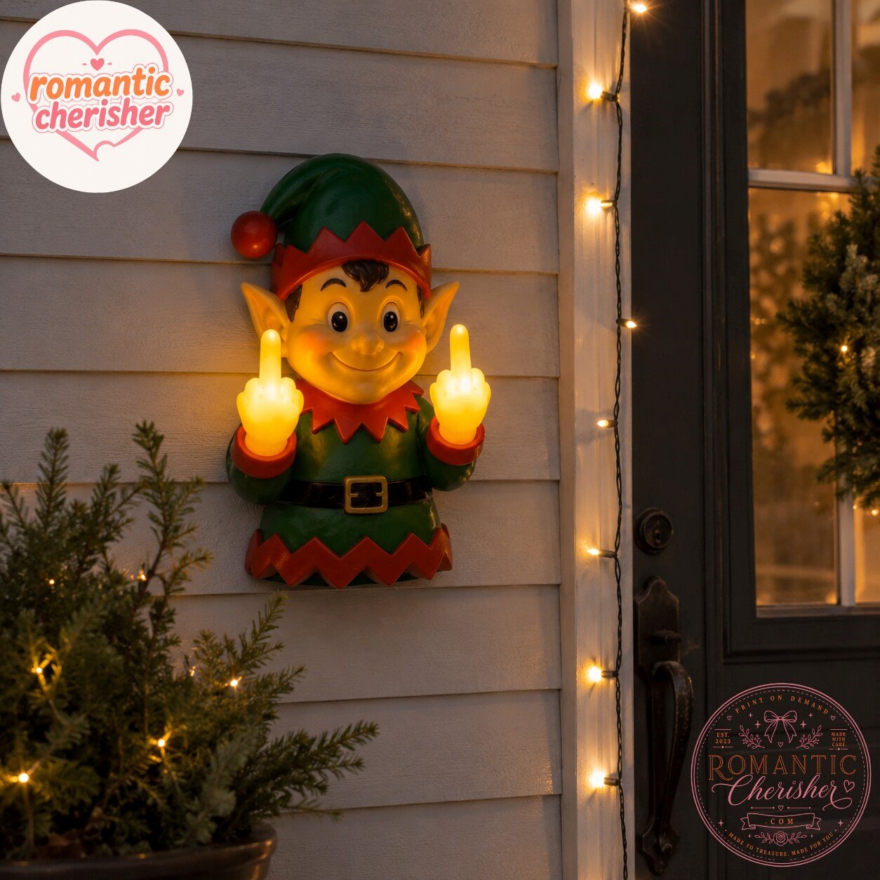 Funny Christmas Elf Middle Finger Light-Up Wall Decor