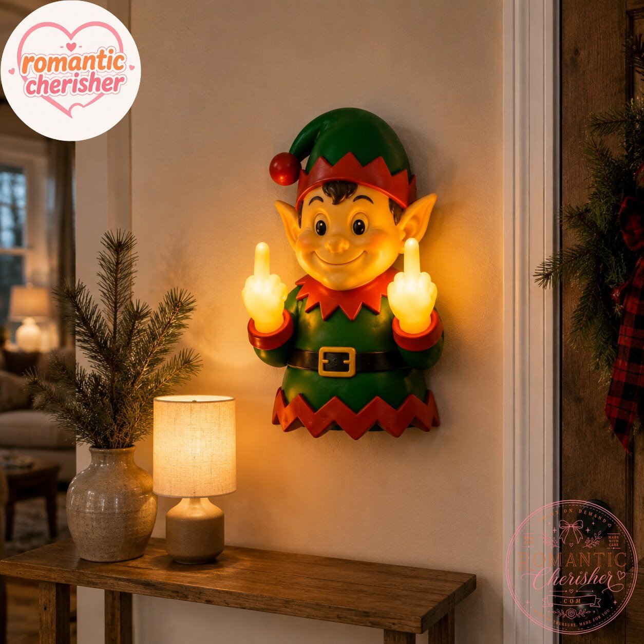 Funny Christmas Elf Middle Finger Light-Up Wall Decor Humorous Christmas Elf Middle Finger LED Wall Art – image 3 of 4