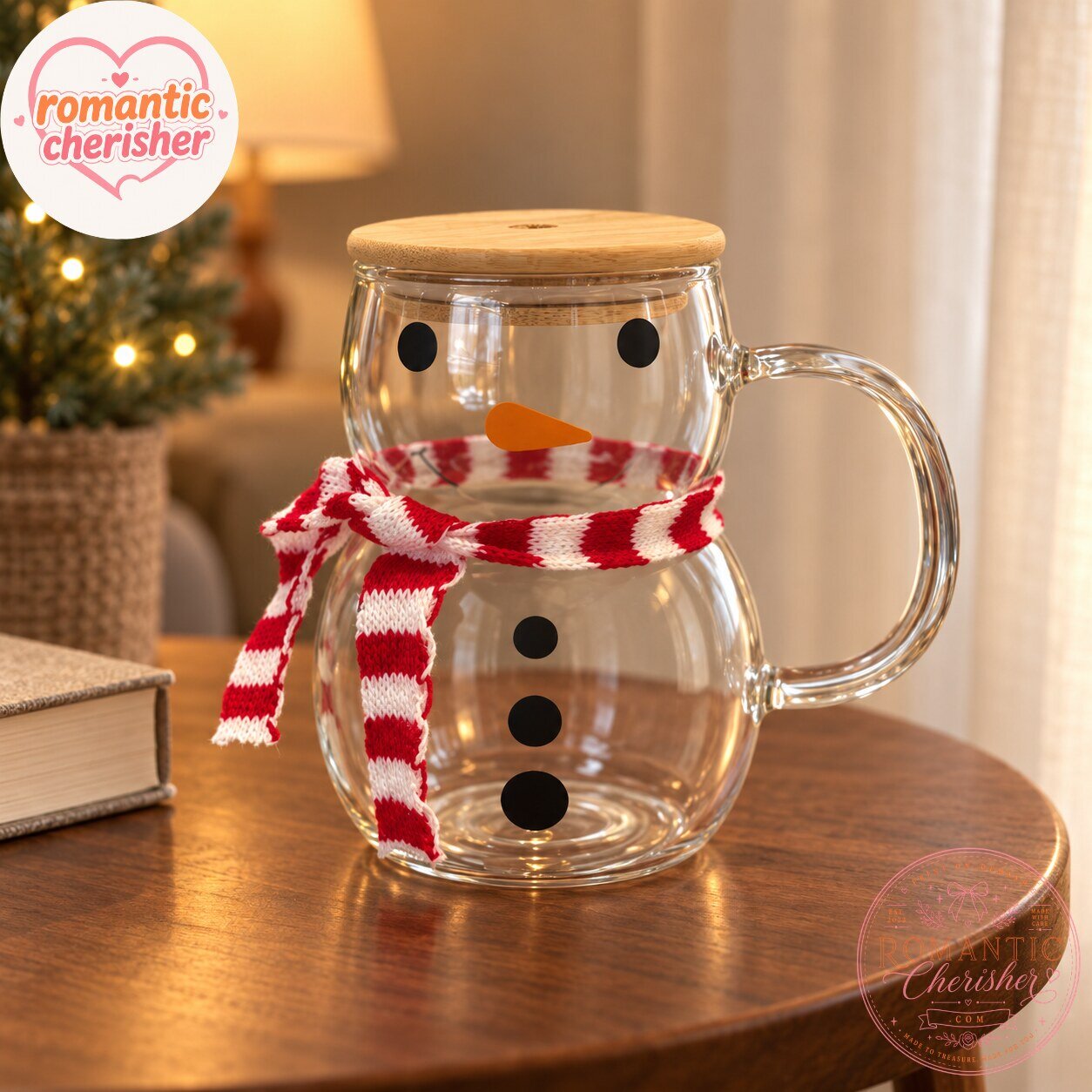 Christmas Snowman Glass Mug With Wooden Lid