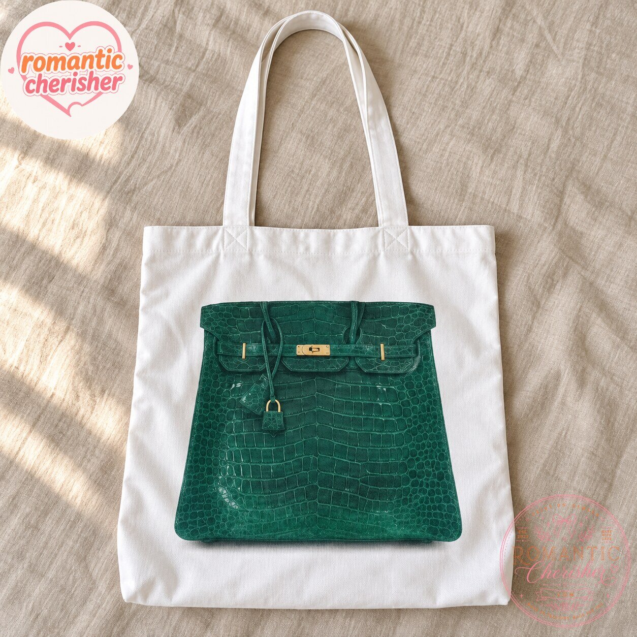 White Canvas Tote Bag With Green Handbag Print
