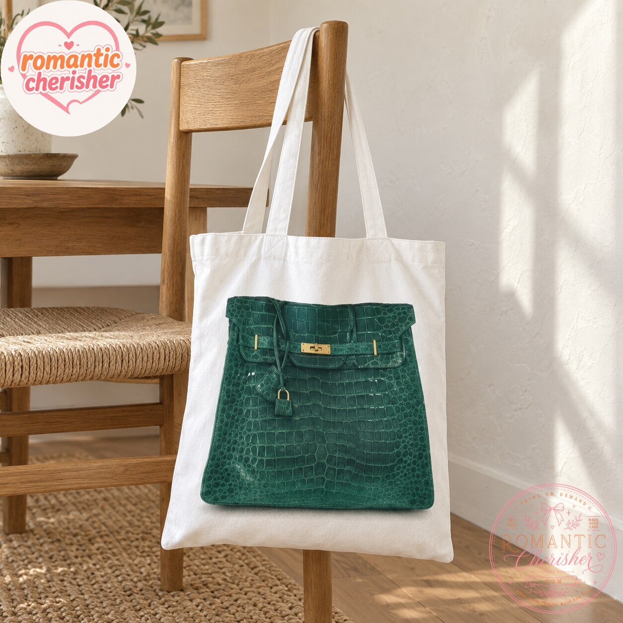 White Canvas Tote Bag With Green Handbag Print 6 White Canvas Tote Bag With Green Handbag Print