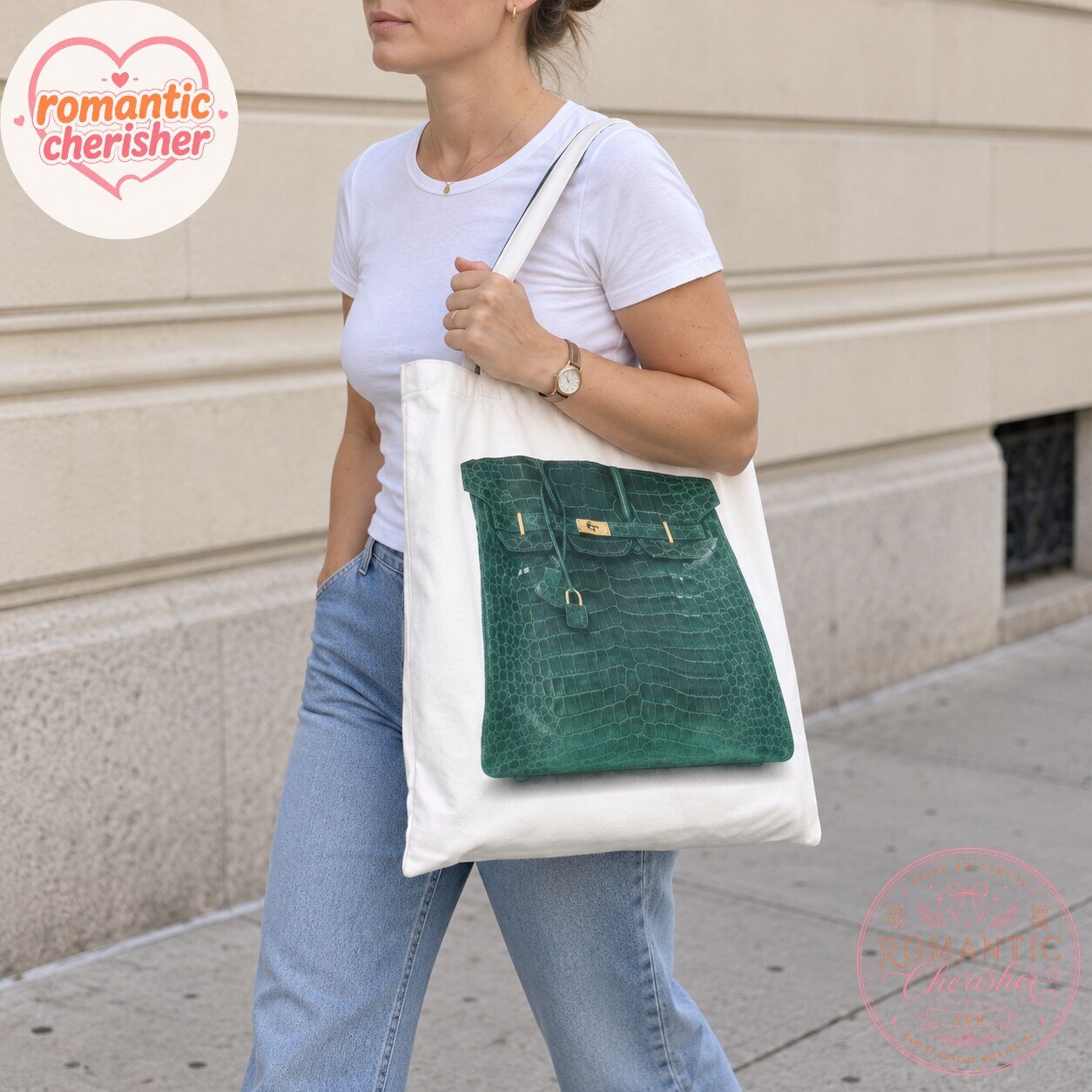 White Canvas Tote Bag With Green Handbag Print 7 White Canvas Tote Bag With Green Handbag Print