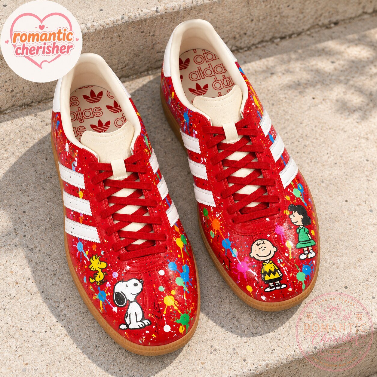 Snoopy Peanuts Red Paint Splatter Adidas Sneakers