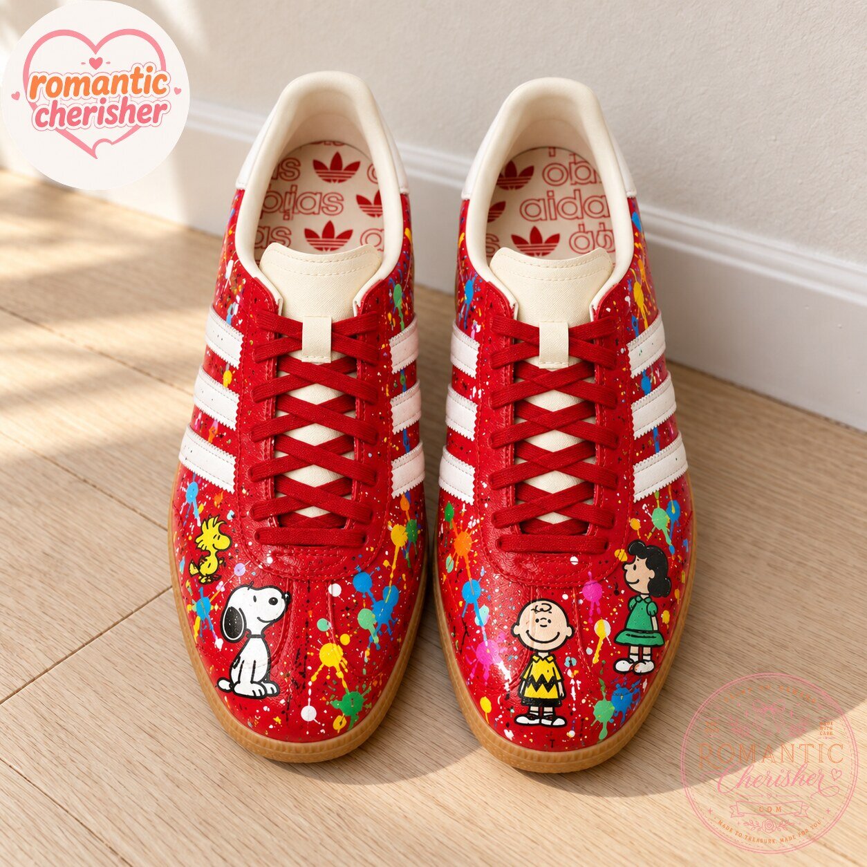 Snoopy Peanuts Red Paint Splatter Adidas Sneakers 6 Snoopy Peanuts Red Paint Splatter Adidas Sneakers