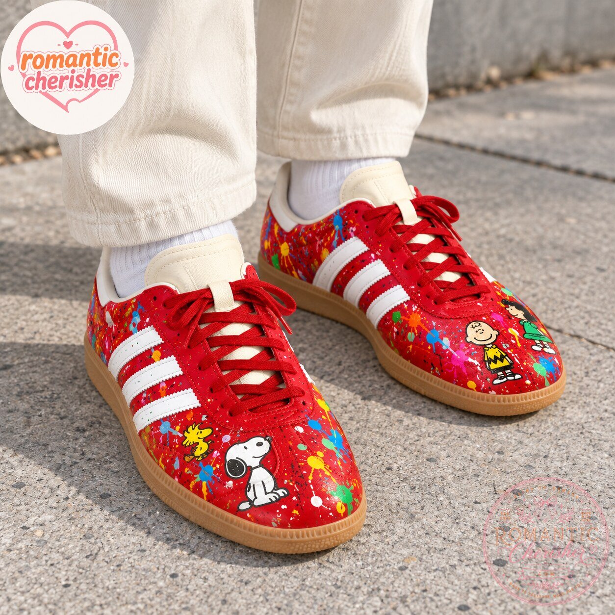 Snoopy Peanuts Red Paint Splatter Adidas Sneakers 7 Snoopy Peanuts Red Paint Splatter Adidas Sneakers