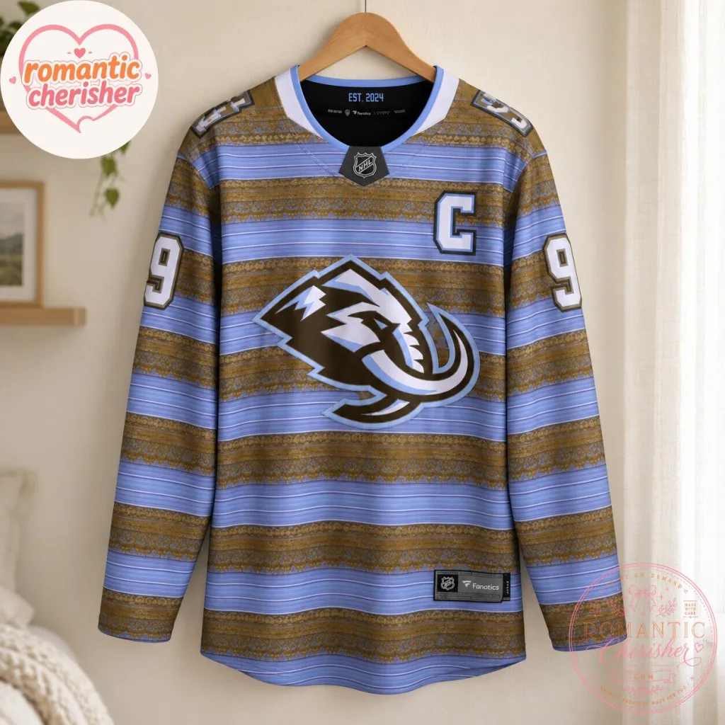 "Shop Utah Mammoth Jersey & Sea Otter Backpack for Unique Gifts" 25 Utah Mammoth Keller Number 9 Blue And Black Striped Hockey Jersey